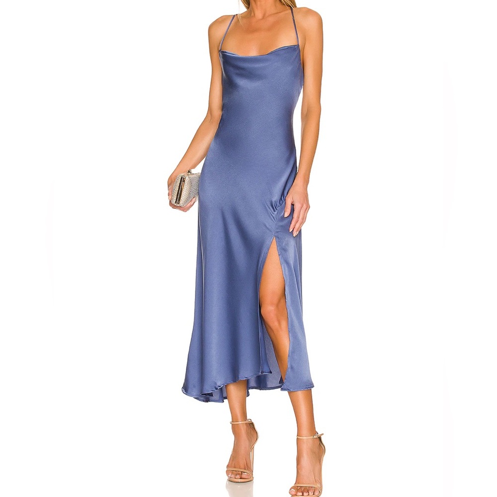 Astr Satin Slip Midi Dress in Dusty Blue